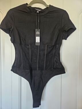 Black Mesh Corset Bodysuit with Short Sleeves Size Medium